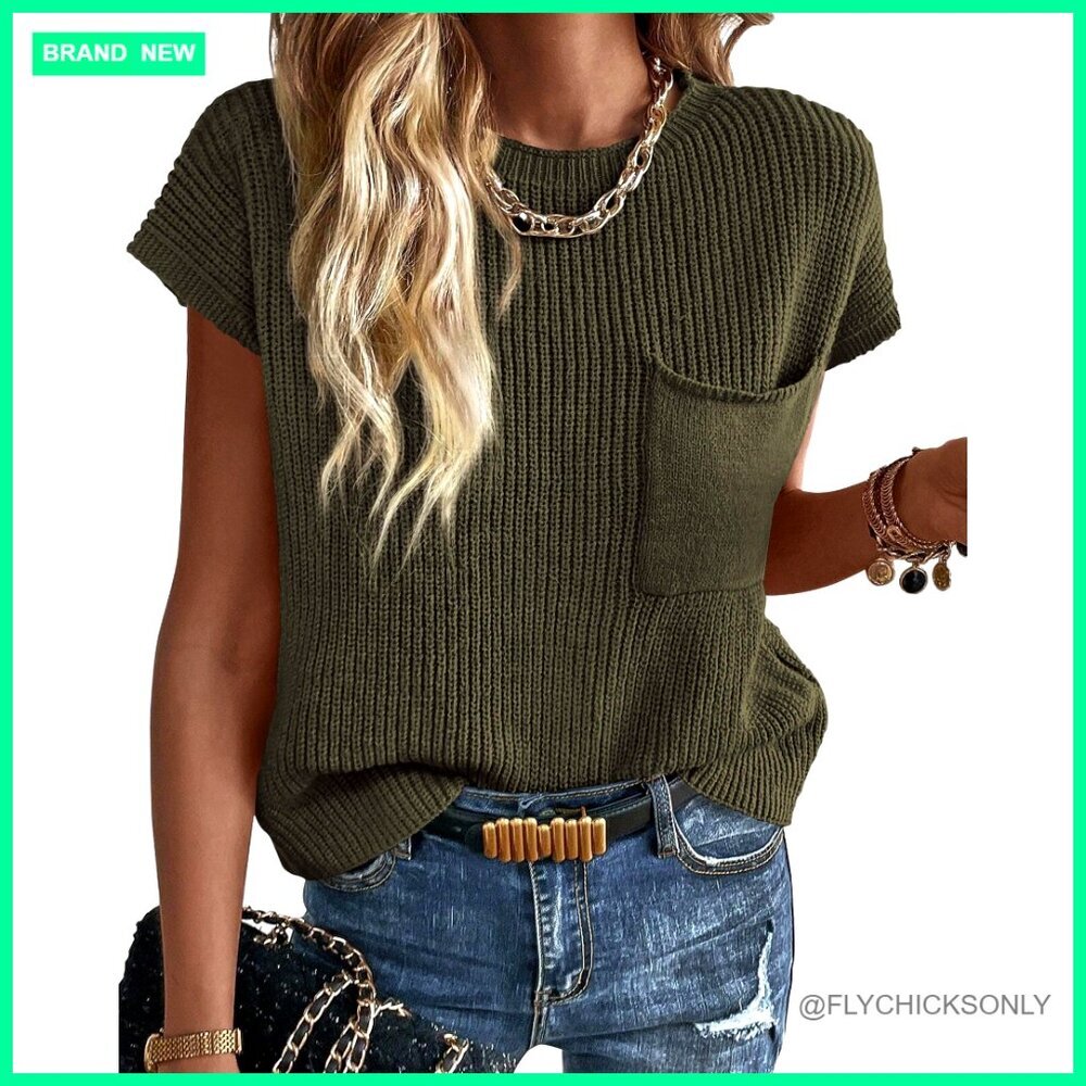 Cotton Short Sleeve Sweater Vest Pullover Loose Fit Crew Neck Pocket